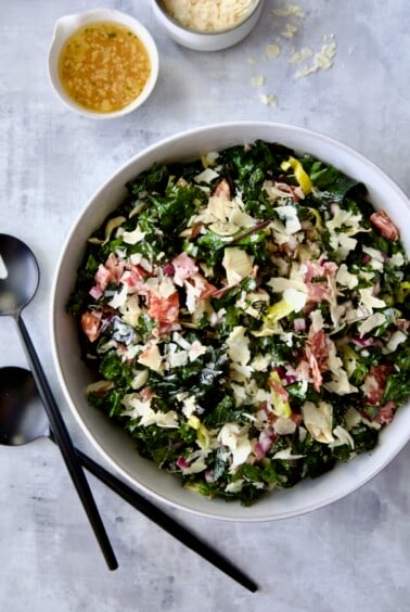 Chopped Kale Salad in round white bowl.