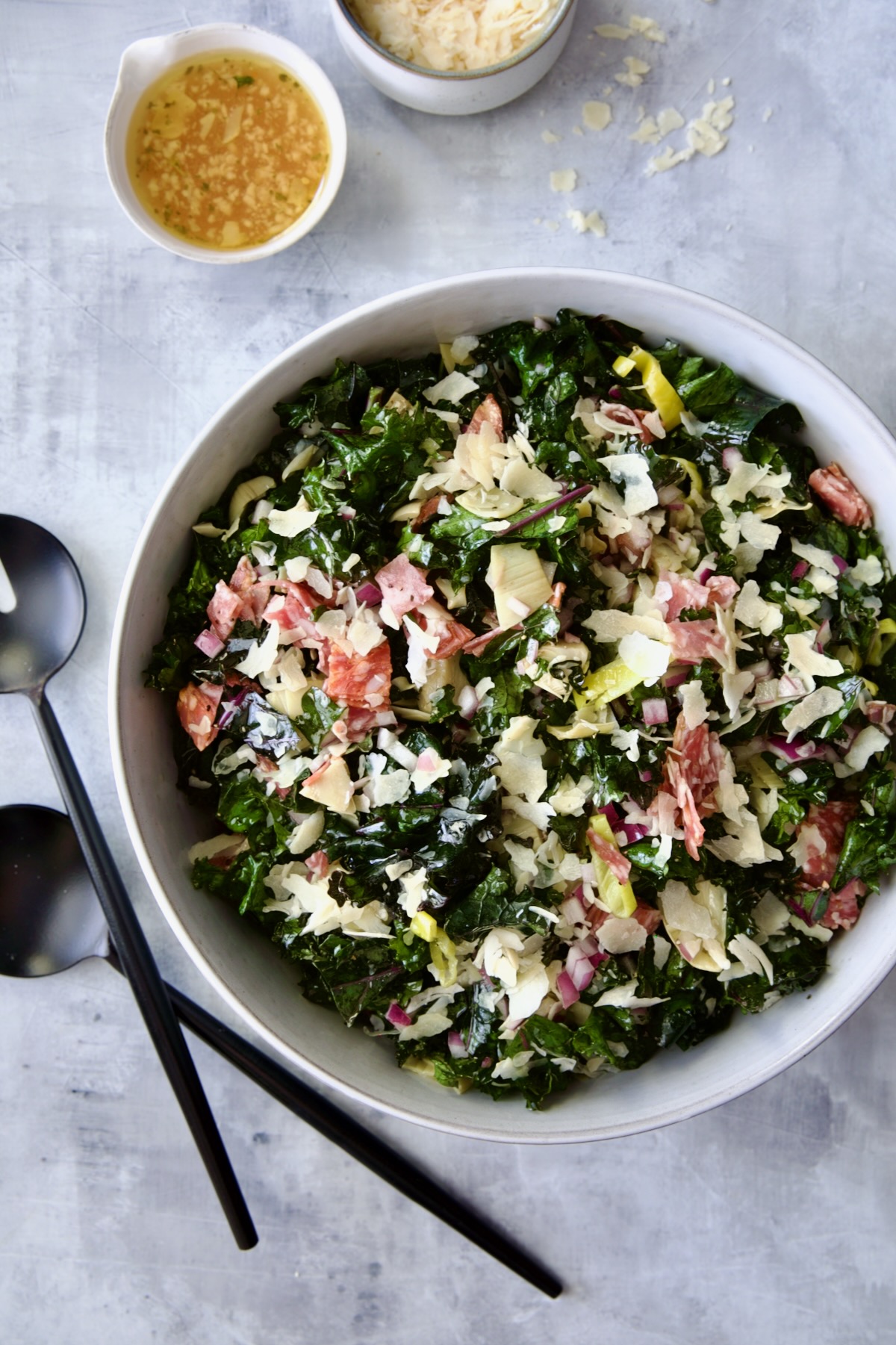 Chopped Kale Salad in round white bowl.