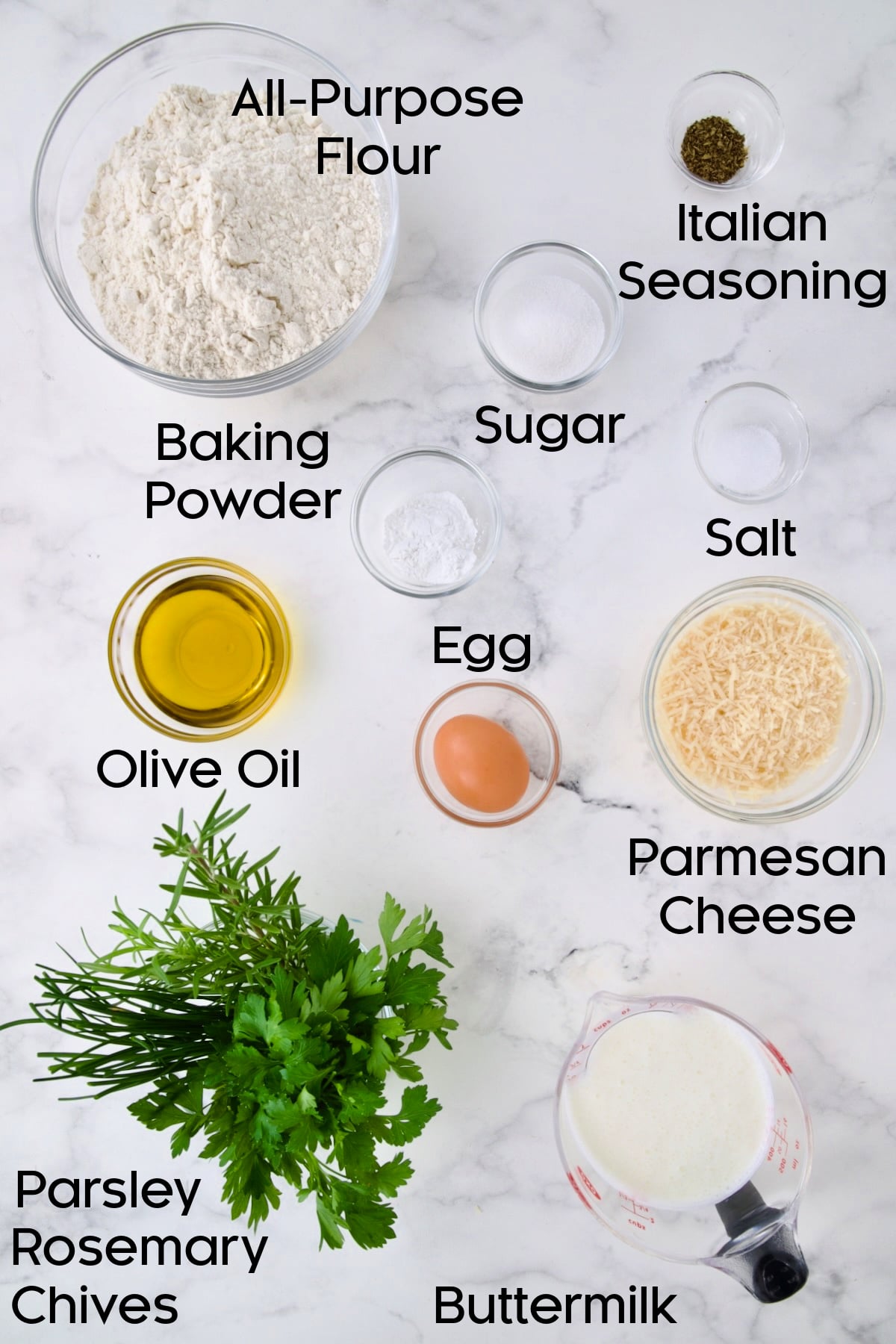 Ingredients for Easy Herb Bread in glass bowls.
