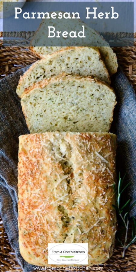 Pinterest graphic for Easy Herb Bread showing it partially sliced.