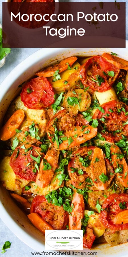 Pinterest graphic for Moroccan Potato Tagine showing it in a round white baking dish.