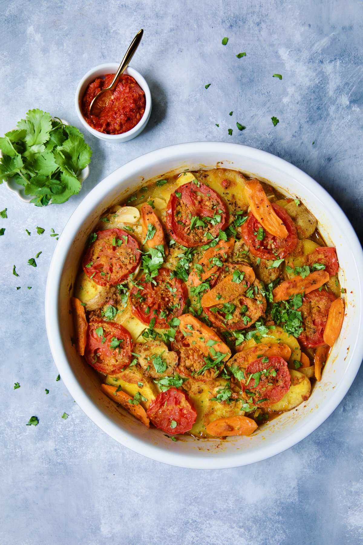 Moroccan Potato Tagine in round white baking dish.