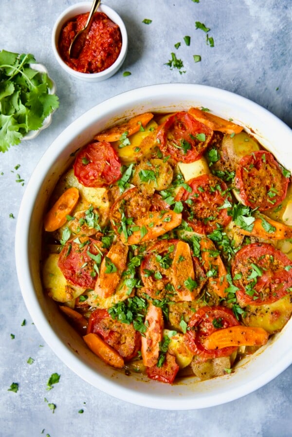 Moroccan Potato Tagine in round white baking dish.