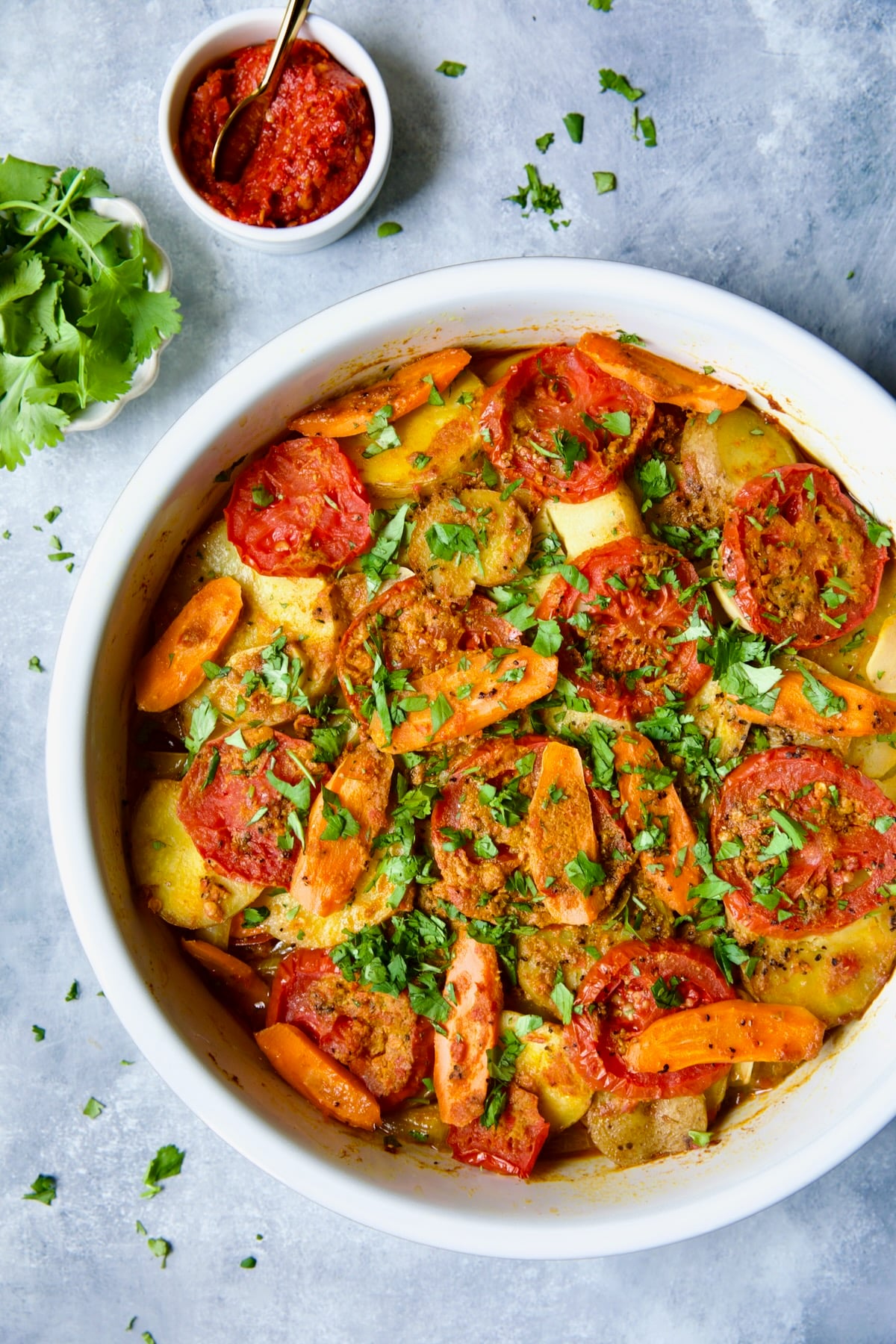 Moroccan Potato Tagine in round white baking dish.