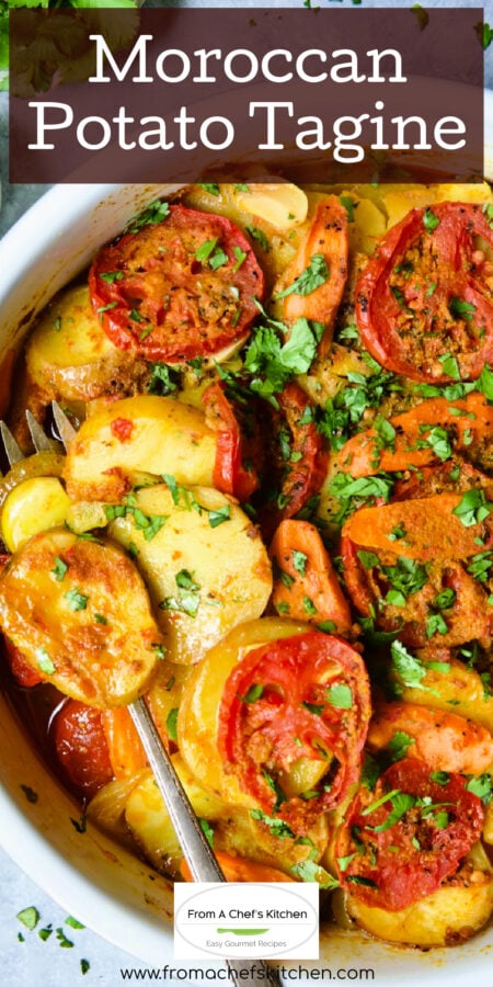 Pinterest graphic for Moroccan Potato Tagine showing it in a round white baking dish with serving fork.