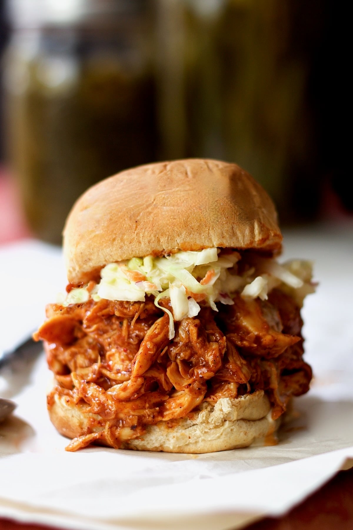 Barbecue Chicken Slider on white plate.