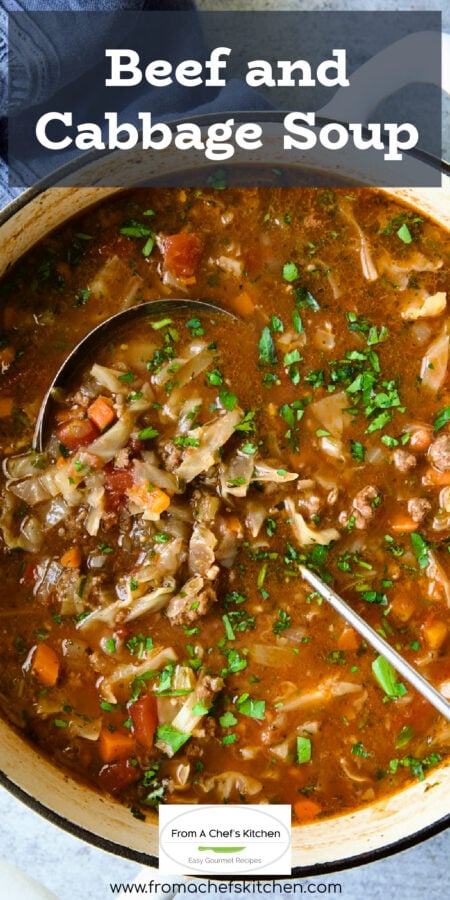 Pinterest graphic for Beef and Cabbage Soup showing it a white Dutch oven with ladle.