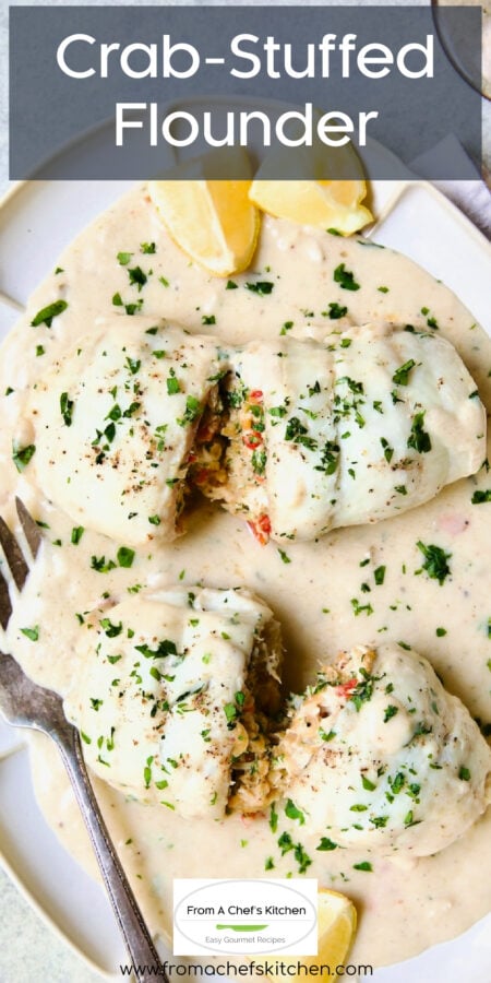 Pinterest graphic for Crab-Stuffed Flounder showing it on an oval platter with serving fork.