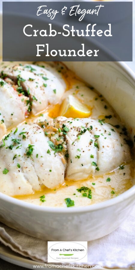 Pinterest graphic for Crab-Stuffed Flounder showing it in an oval baking dish.