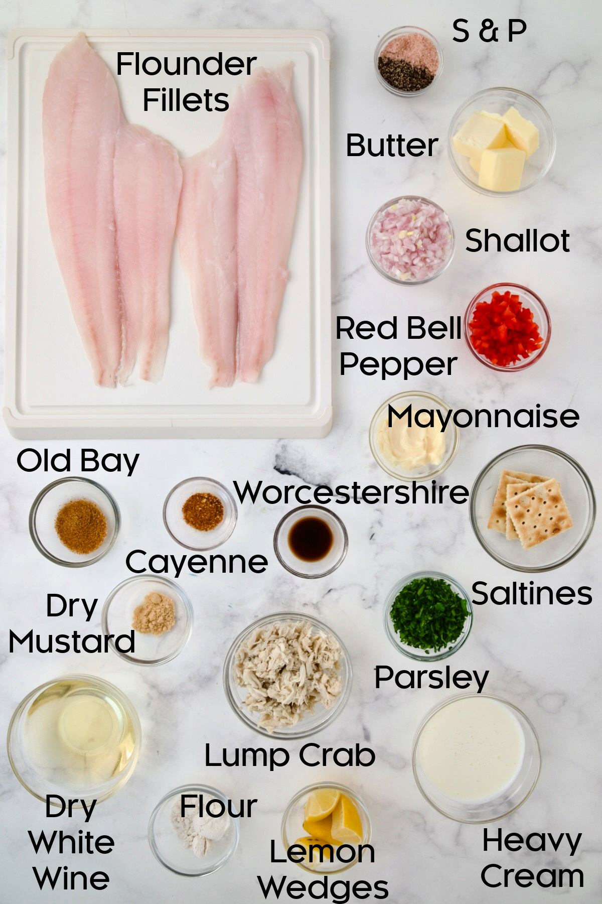 Ingredients for Crab-Stuffed Flounder in glass bowls.