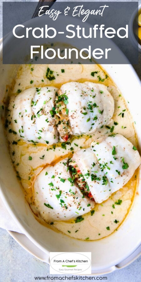 Pinterest graphic for Crab-Stuffed Flounder showing it in an oval baking dish.