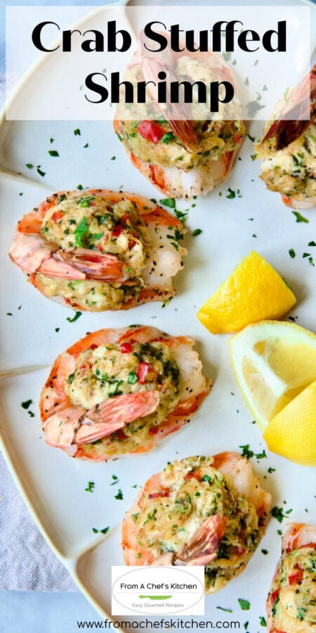 Pinterest graphic for Crab Stuffed Shrimp showing it on an oval platter garnished with lemon wedges.