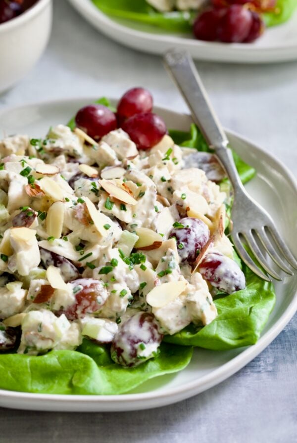 Chicken Salad with Herbs, Almonds and Grapes on lettuce on white plate.