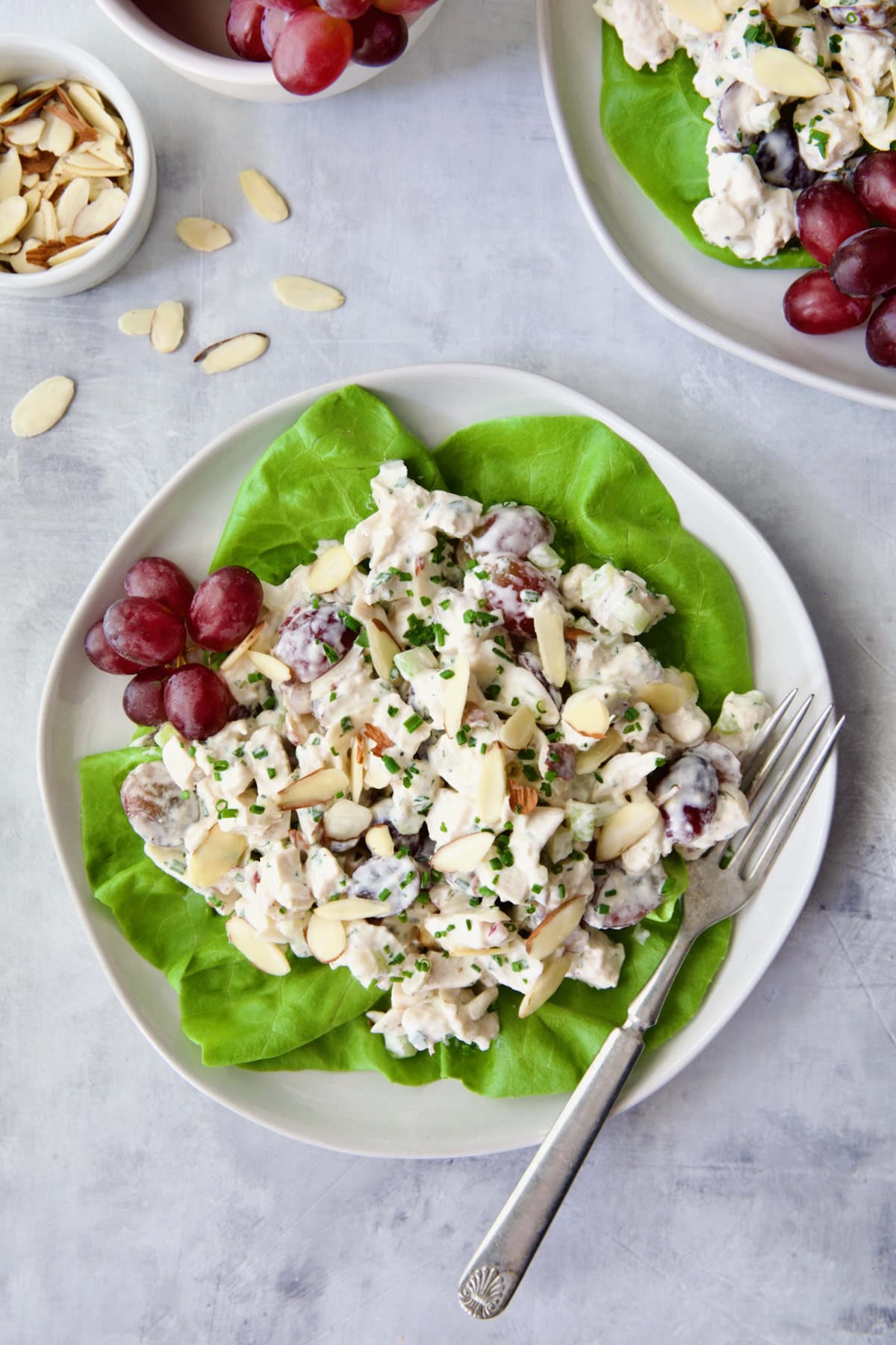 Chicken Salad with Herbs, Almonds and Grapes on lettuce on white plate.