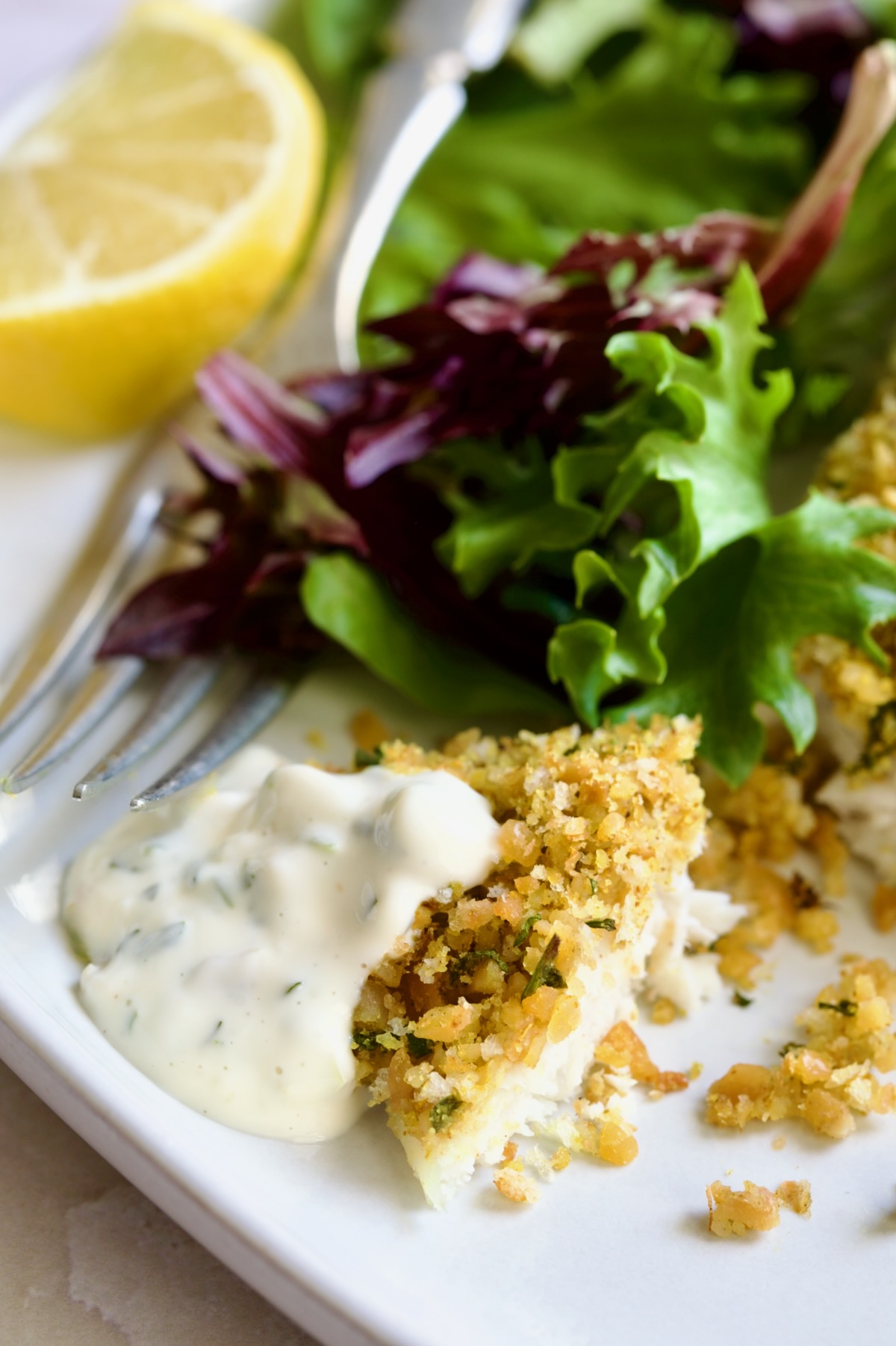 Close-up photo of a bite of fish with jalapeno tartar sauce.