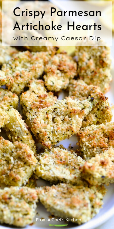 Pinterest graphic for Crispy Parmesan Artichoke Hearts showing them on a white platter.