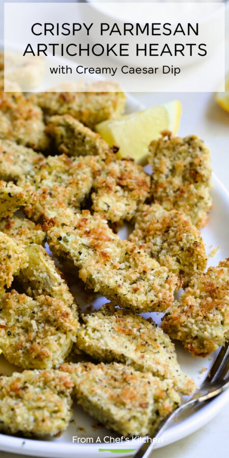 Pinterest graphic for Crispy Parmesan Artichoke Hearts showing them on a white platter with serving fork.