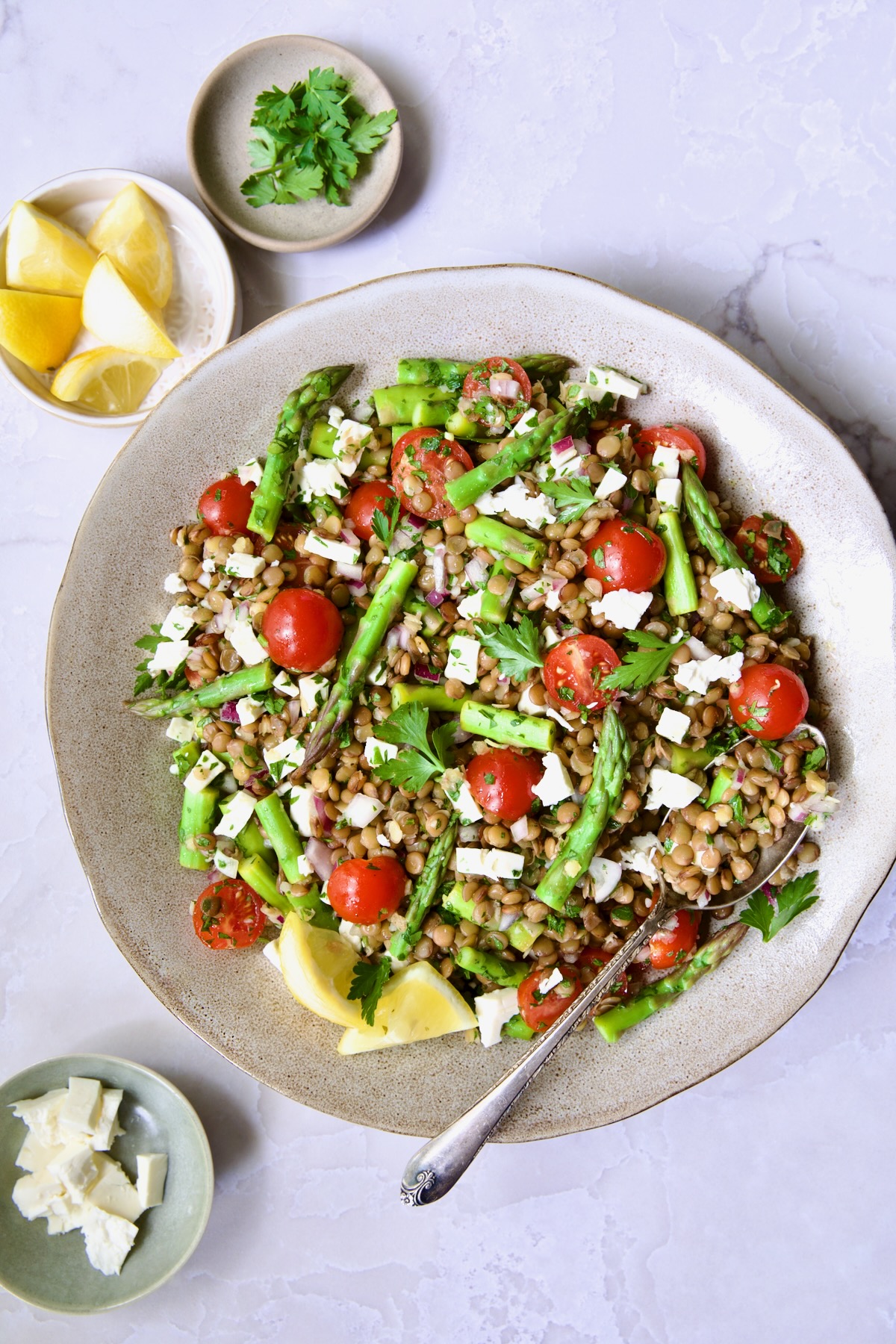 Lemony Lentil Salad with Asparagus and Tomatoes in round earthenware serving bowl with serving spoon.