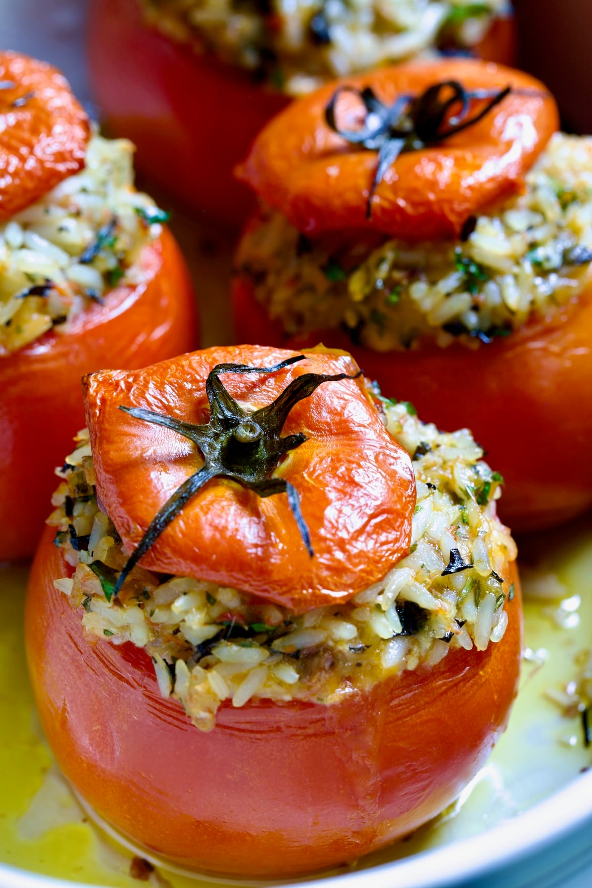 Close-up of a Cheesy Rice Stuffed Tomato.
