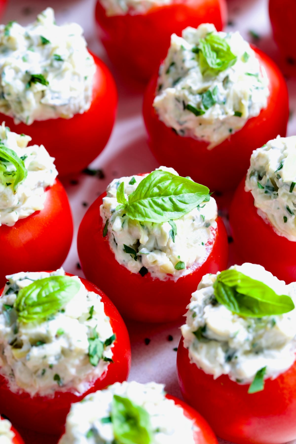 Cream Cheese and Artichoke Stuffed Tomatoes garnished with fresh basil leaves.