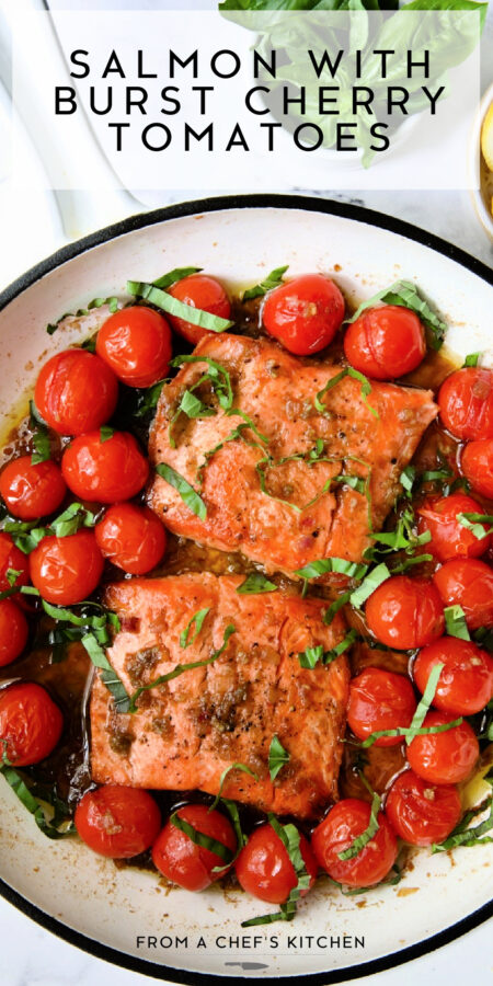 Pinterest graphic for Salmon with Cherry Tomatoes showing it in a white enamel cast iron skillet.