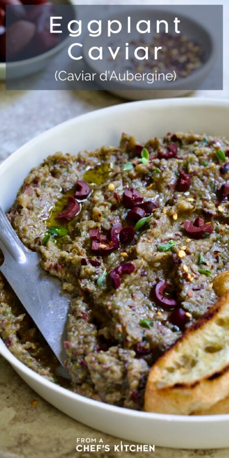 Pinterest graphic for Eggplant Caviar showing it in a white bowl.