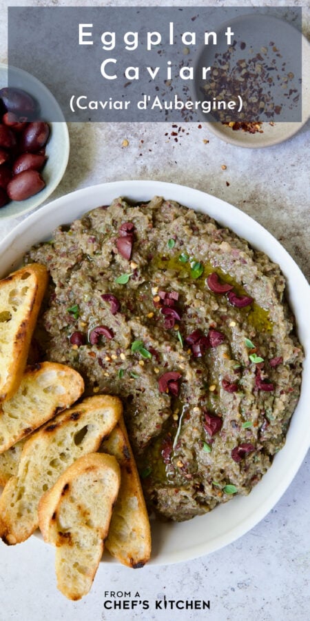 Pinterest graphic for Eggplant Caviar showing it in a white bowl with five pieces of grilled bread.