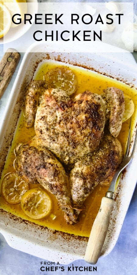 Pinterest graphic for Greek Roast Chicken showing it in a rectangular white baking dish.