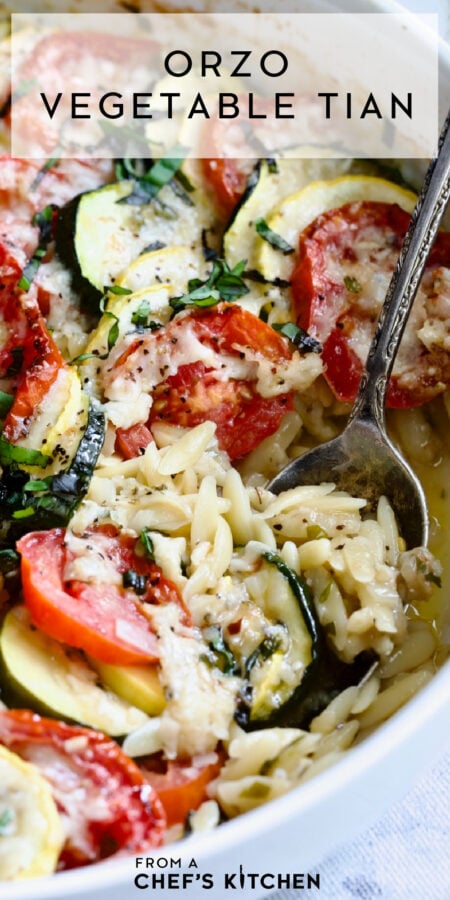 Pinterest graphic for Orzo Vegetable Tian showing it in a round white baking dish.