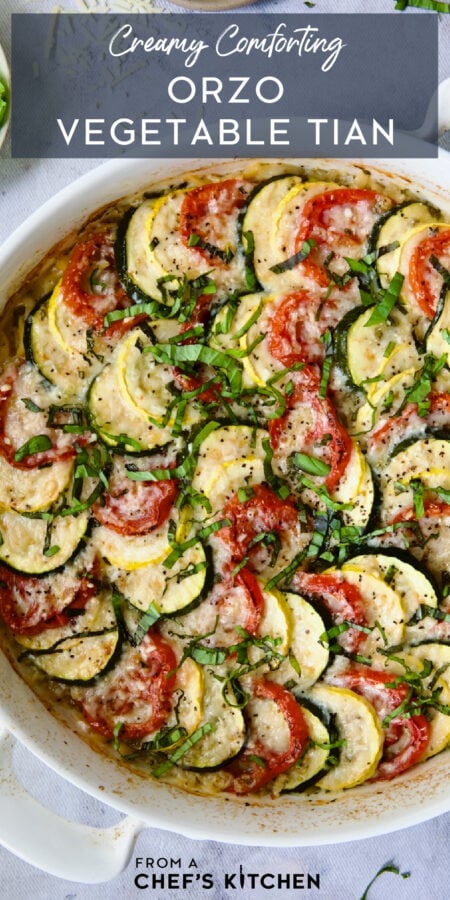 Pinterest graphic for Orzo Vegetable Tian showing it in a round white baking dish.