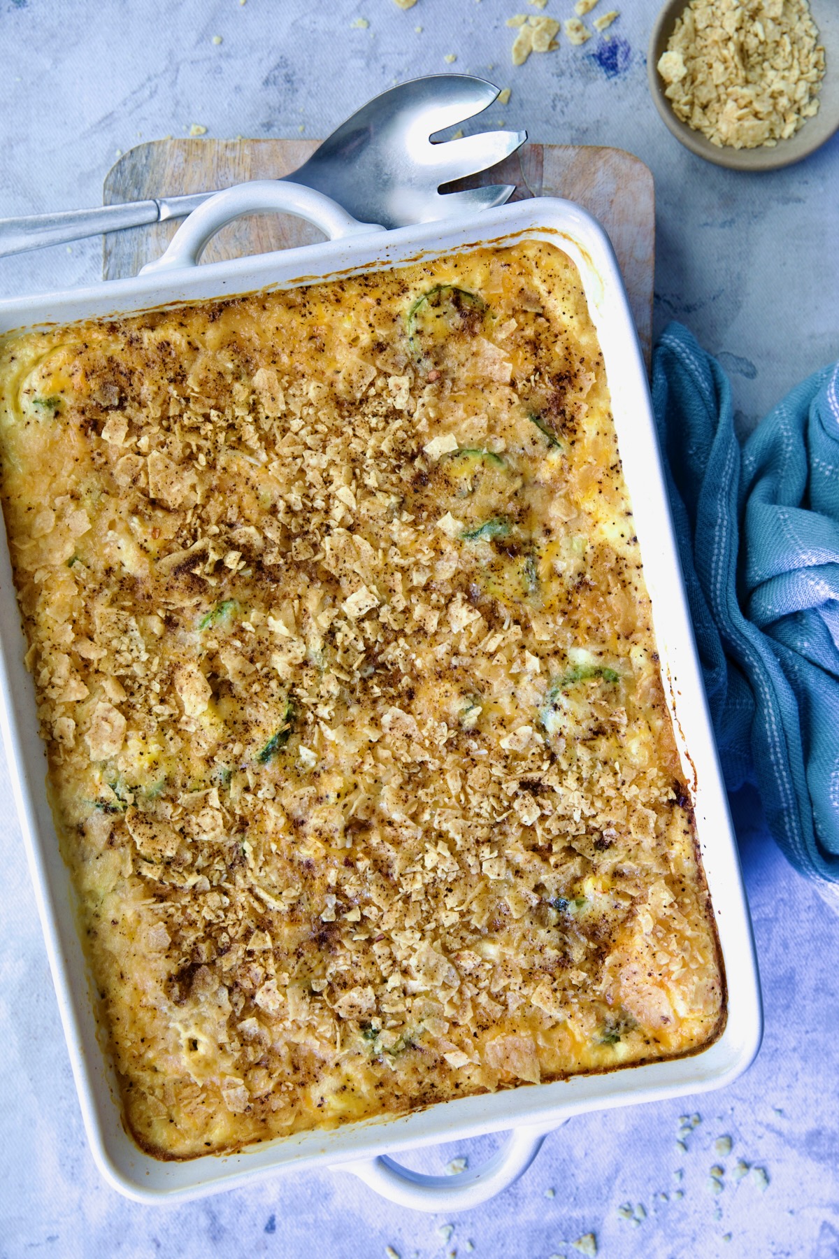 Baked Summer Squash Corn Poblano Casserole.