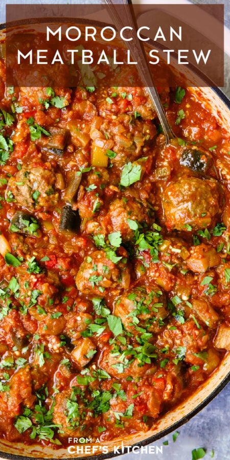 Pinterest graphic for Moroccan Meatball Stew showing it in a white enamel cast iron skillet.