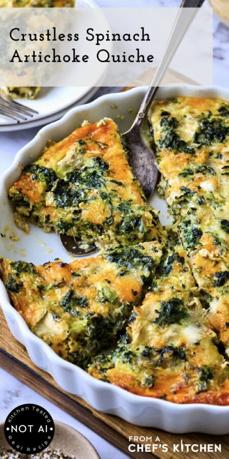 Pinterest graphic for Crustless Spinach Artichoke Quiche showing it in a white quiche pan cut into wedges with pie server lifting one out.