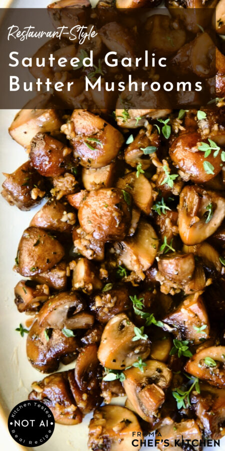 Pinterest graphic for Garlic Butter Mushrooms showing them on a white plate.