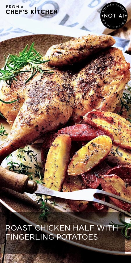 Pinterest graphic for Roast Chicken Half with Fingerling Potatoes showing them on a brown-rimmed platter with meat fork.