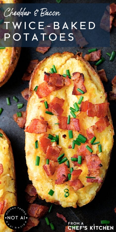 Pinterest graphic for Cheddar and Bacon Twice-Baked Potatoes showing them garnished with chopped chives.