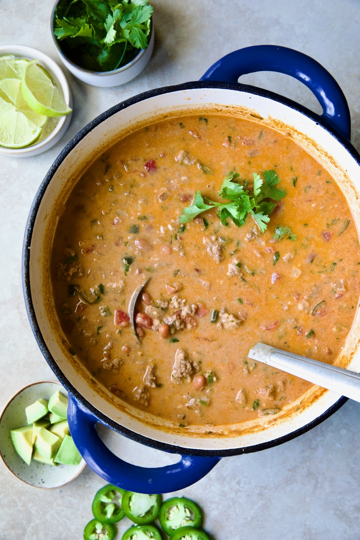 Creamy Taco Soup in blue enamel Dutch oven.