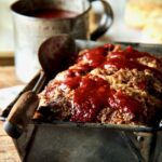 Chili-Glazed Meatloaf in vintage loaf pan.