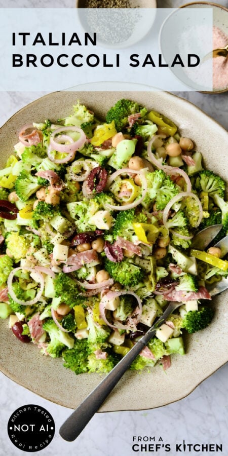 Pinterest graphic for Italian Broccoli Salad showing it in an earthenware bowl with serving fork.
