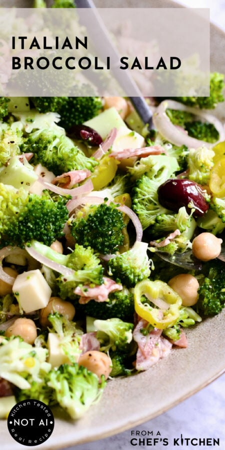 Pinterest graphic for Italian Broccoli Salad showing it in an earthenware bowl with serving fork.