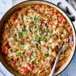 Unstuffed Peppers Skillet in white enamel cast iron skillet.