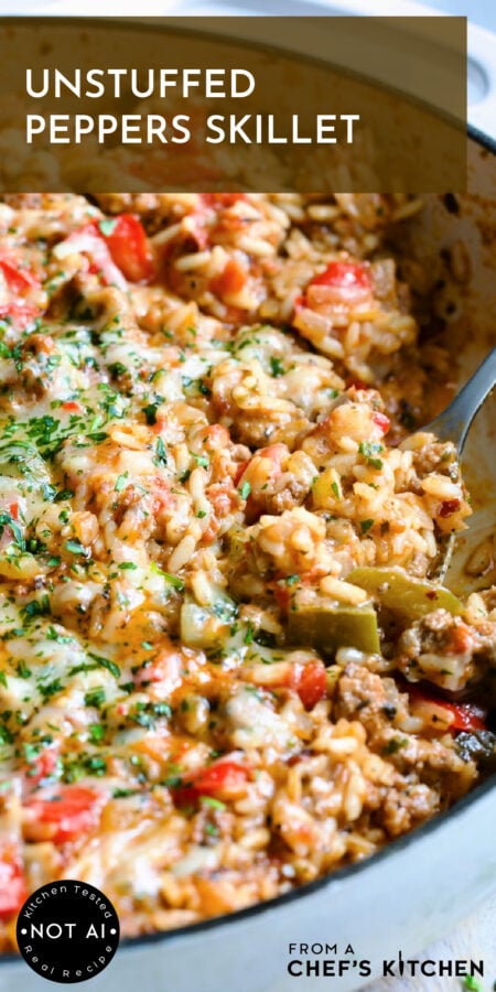 Pinterest graphic for Unstuffed Peppers Skillet showing it in a white enamel cast iron skillet with serving spoon.
