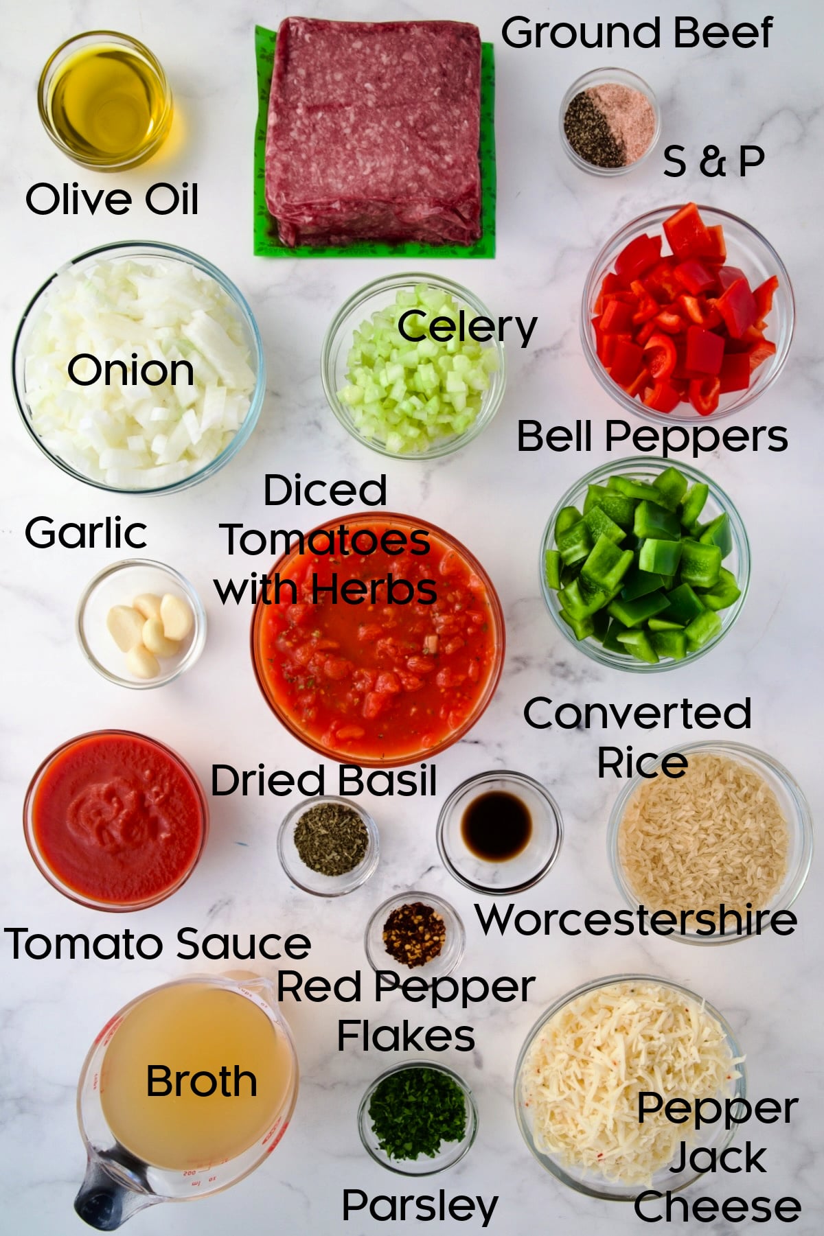 Ingredients for Unstuffed Peppers Skillet in glass bowls.