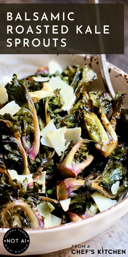 Pinterest graphic for Balsamic Roasted Kale Sprouts showing them in a white serving bowl.