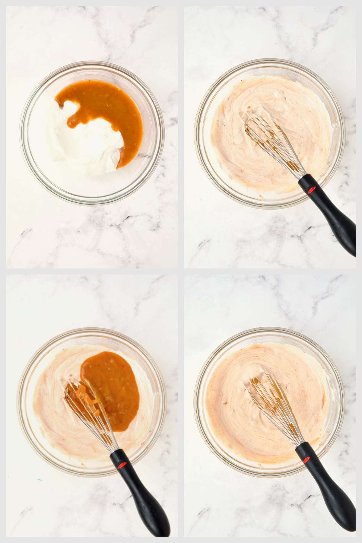 Collage of four photos of Beef Stroganoff steps showing how to demonstrate tempering the sour cream.