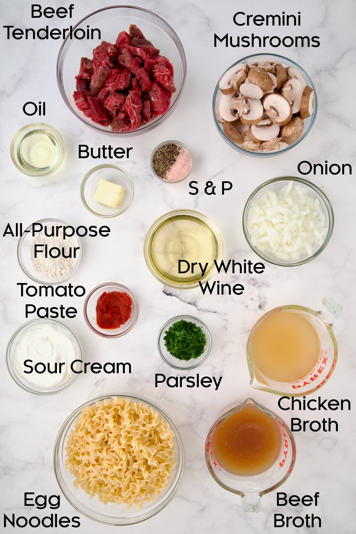 Ingredients for Date Night Beef Stroganoff in glass bowls.