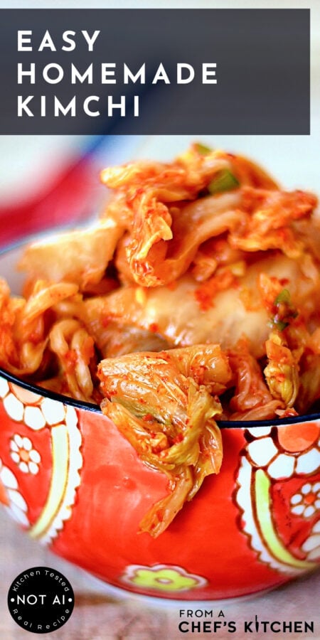 Pinterest graphic for Easy Homemade Kimchi showing a serving in an orange bowl.
