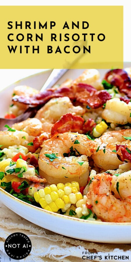 Pinterest graphic for Shrimp and Corn Risotto with Bacon showing one serving in a white bowl.