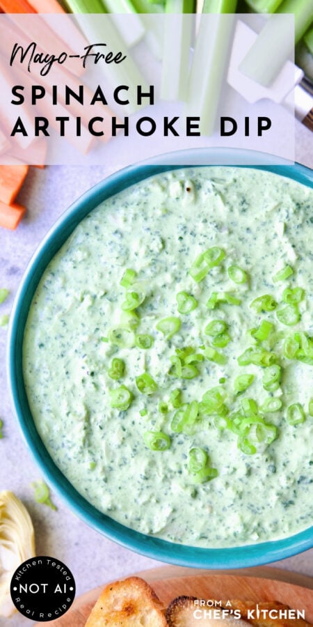 Pinterest graphic for Spinach Artichoke Dip showing it in a white bowl garnished with chopped scallion.