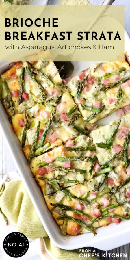 Pinterest graphic for Brioche Breakfast Strata showing it in a white rectangular baking dish cut into pieces.